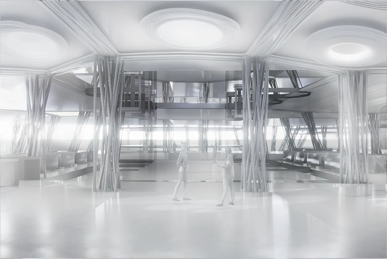 Interior with branching columns and circular skylights